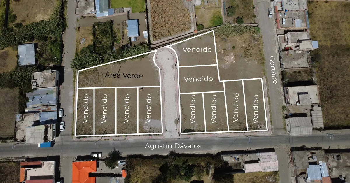 Plano aéreo de Emuná con sus diez lotes marcados como vendidos, junto al área verde y las calles Agustín Dávalos y Gortaire