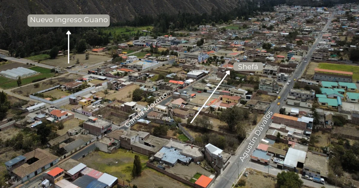 Ubicación de Shefá en el centro de Guano, con las calles García Moreno y Agustín Dávalos y el nuevo ingreso a Guano señalados
